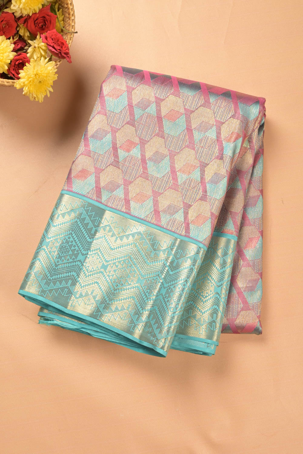 Taranga Kanchi Silk Tissue Geometrical Brocade Pink Saree