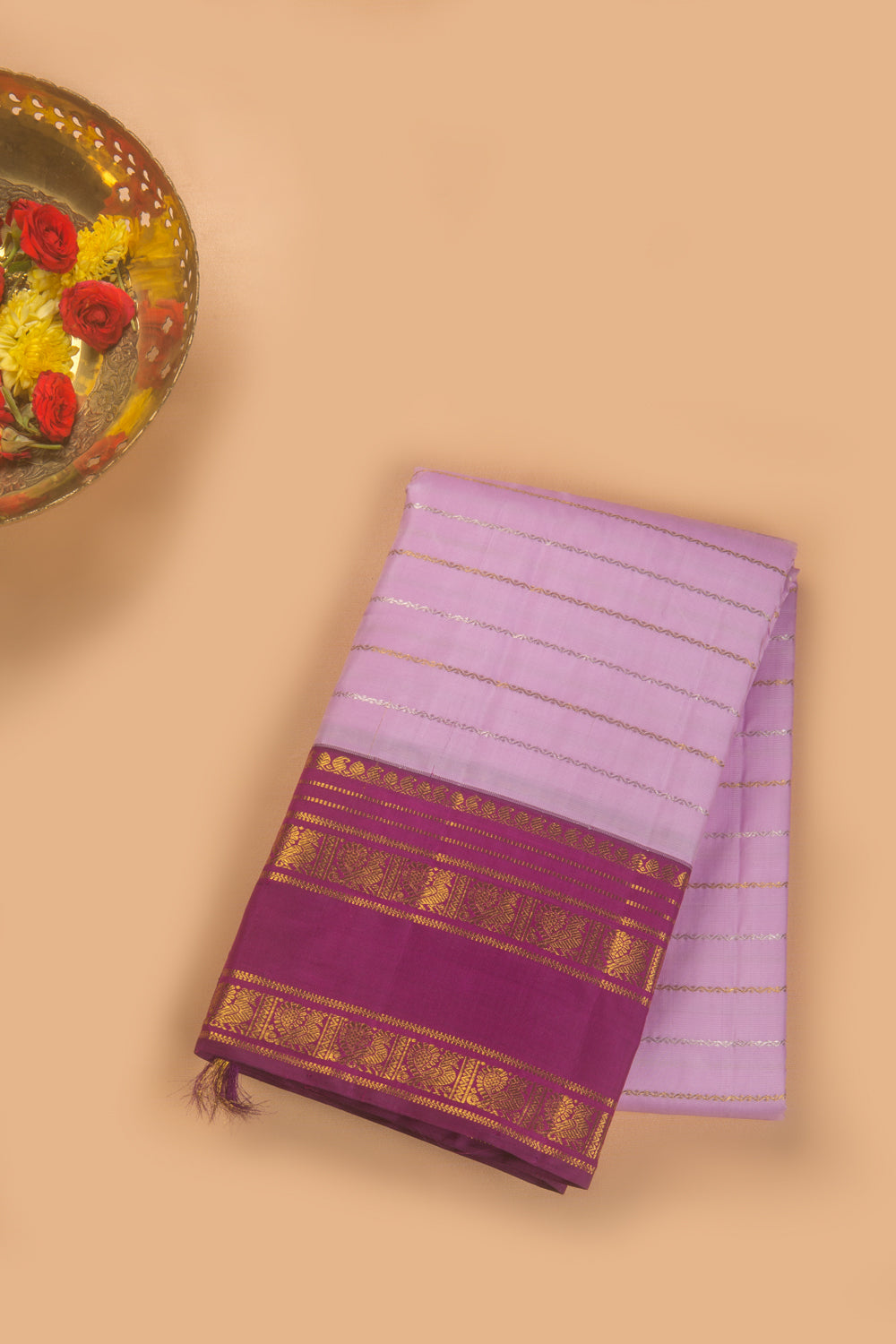 Kanchipuram Silk Veldhari Lines Lavender Saree