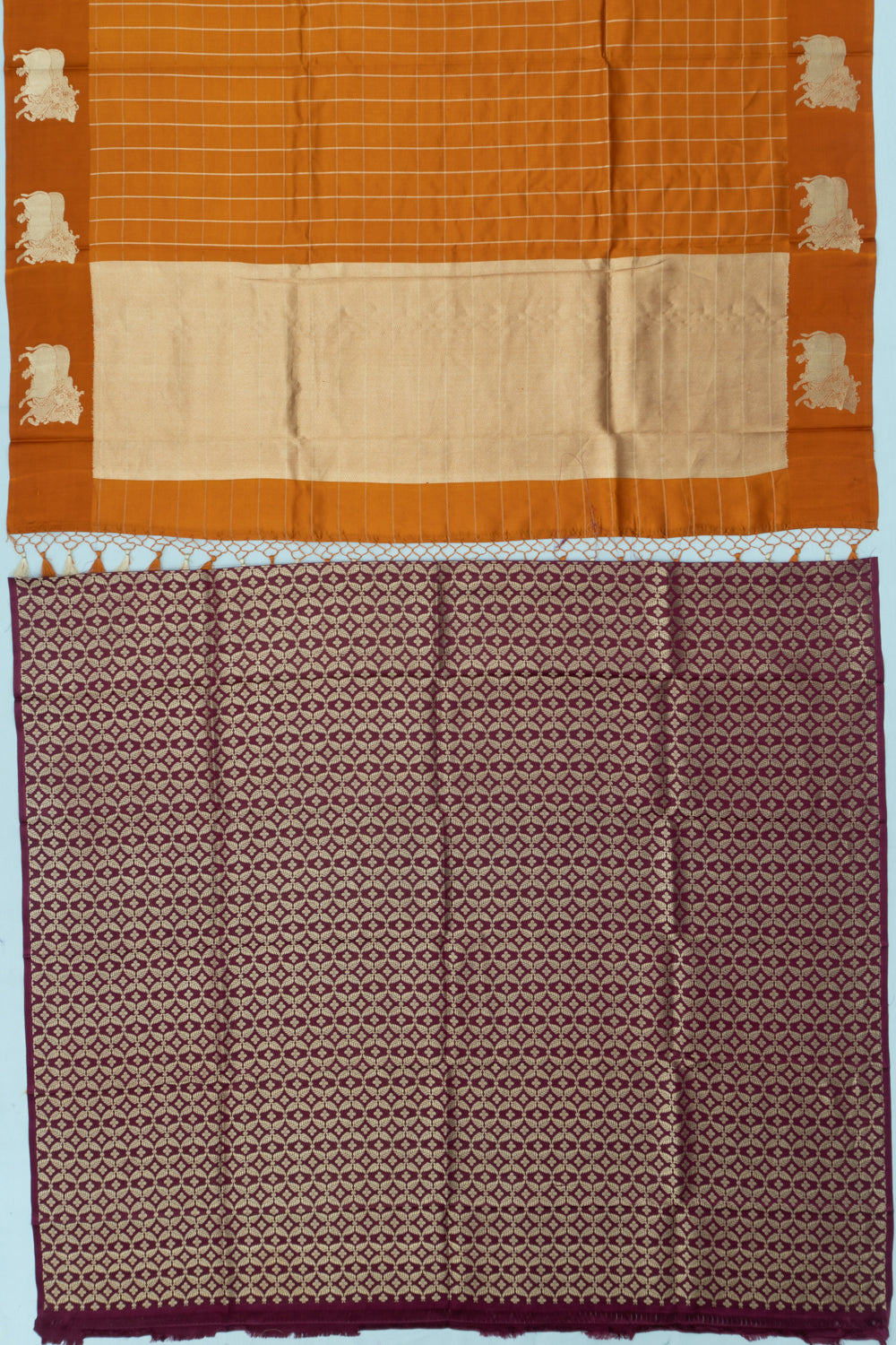 Banarasi Katan Silk Checks Burnt Orange Saree