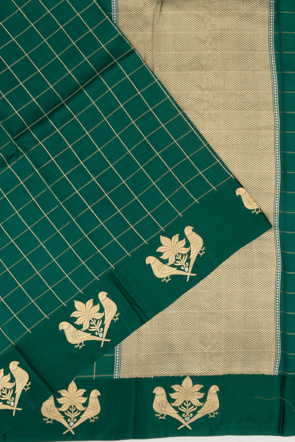 Banarasi Katan Silk Checks Bottle Green Saree