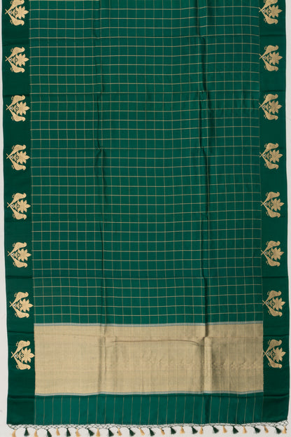 Banarasi Katan Silk Checks Bottle Green Saree