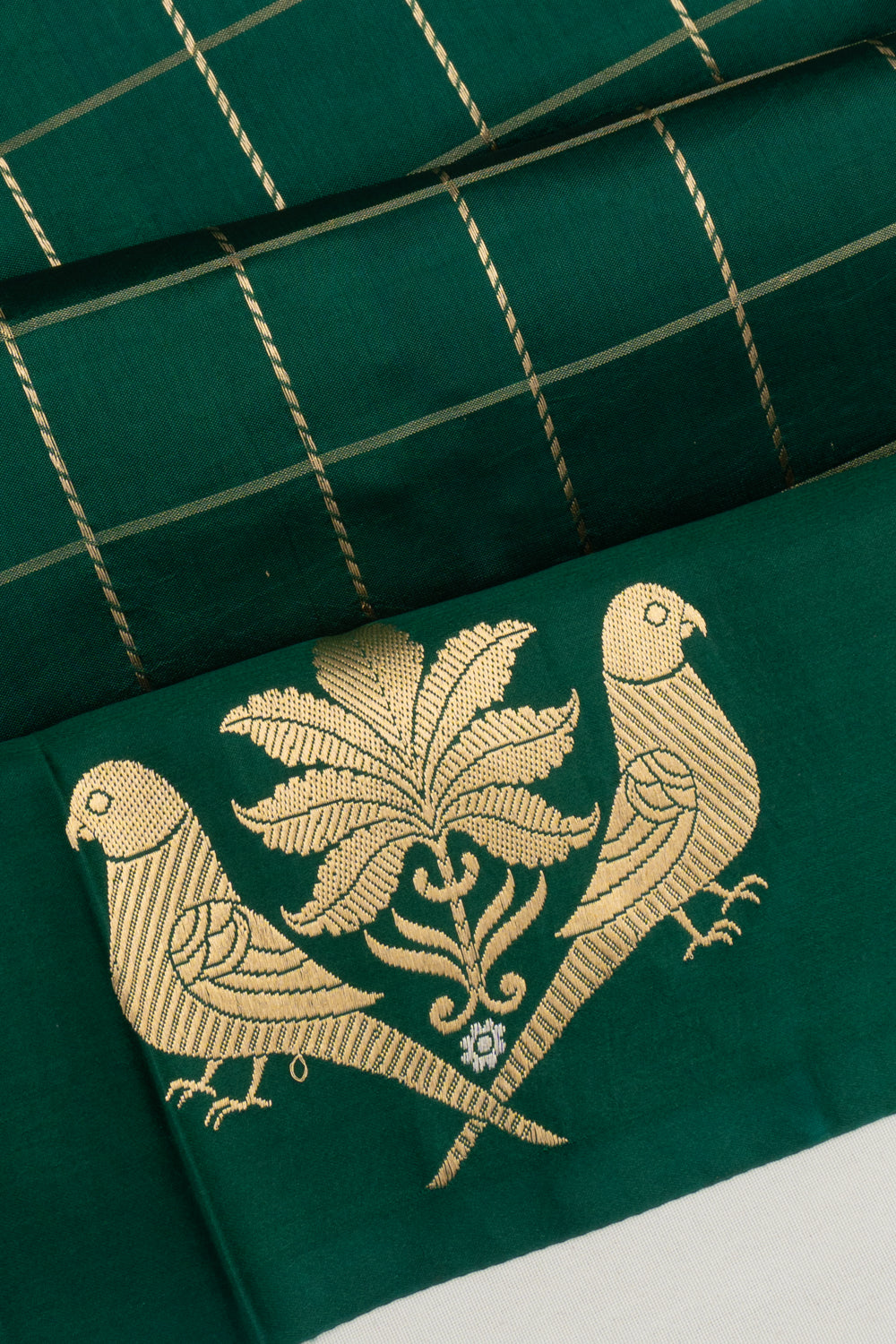 Banarasi Katan Silk Checks Bottle Green Saree