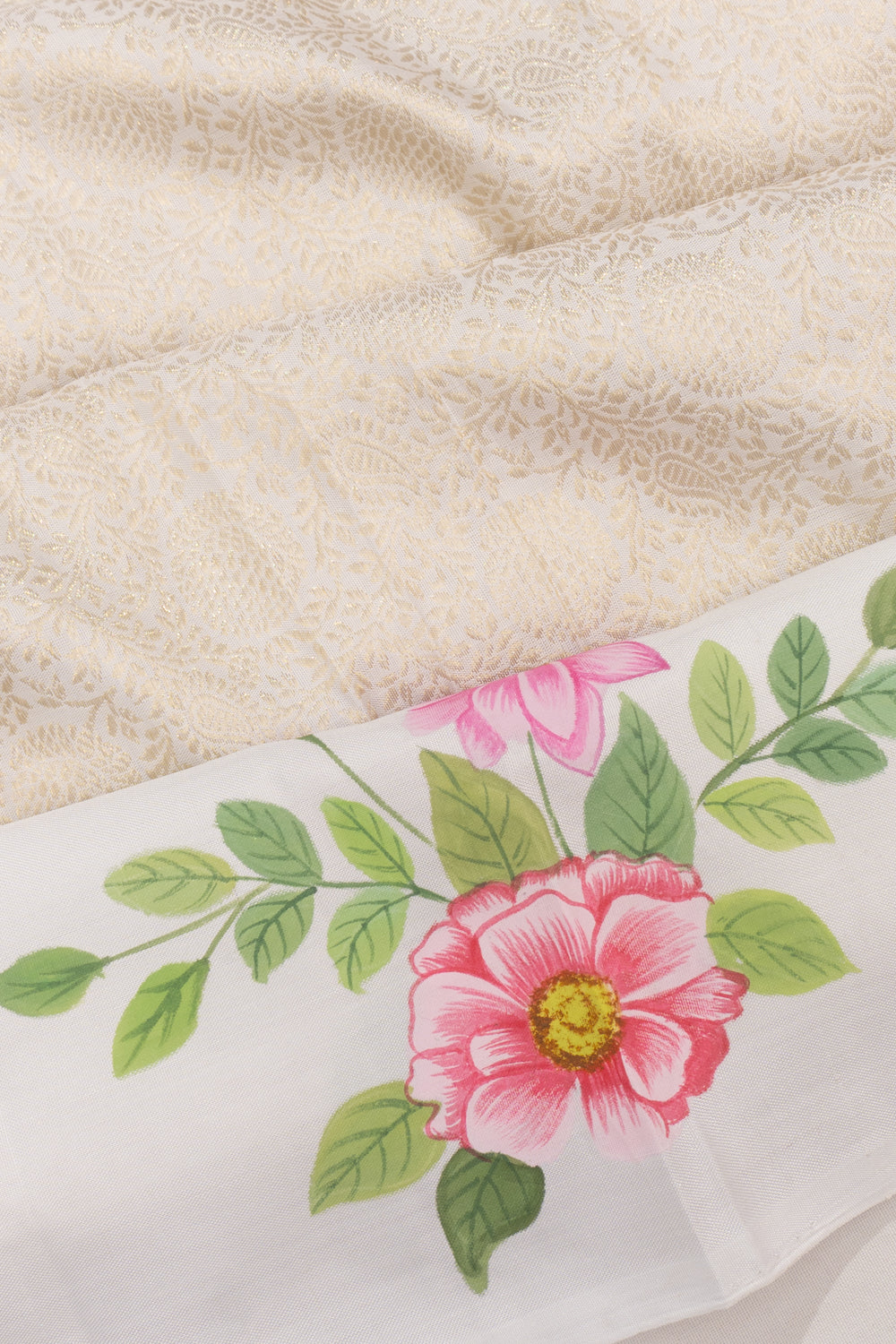 Kanchipuram Silk Brocade White Saree With Printed Border And Pallu