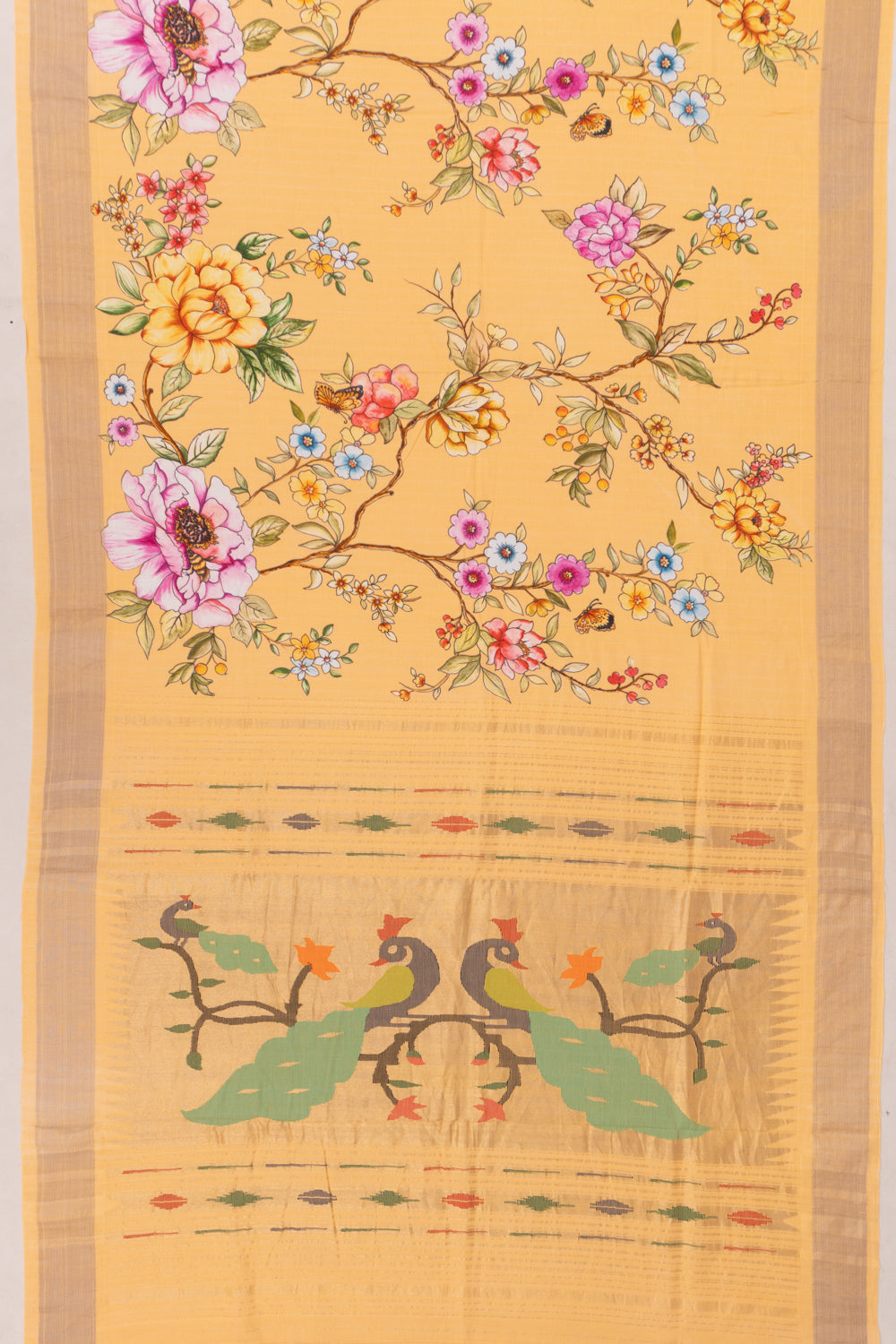 Paithani Cotton Floral Printed Pastel Orange Saree