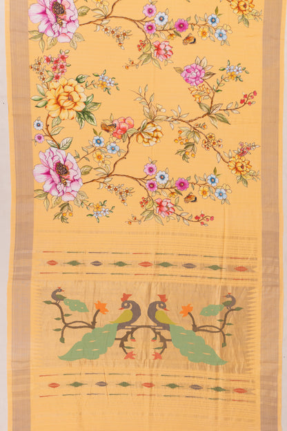 Paithani Cotton Floral Printed Pastel Orange Saree