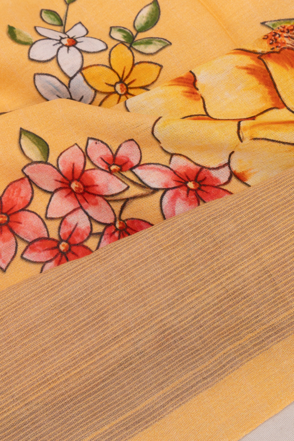 Paithani Cotton Floral Printed Pastel Orange Saree