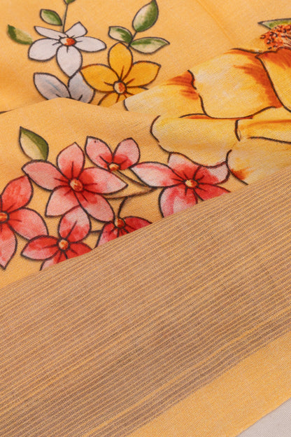 Paithani Cotton Floral Printed Pastel Orange Saree
