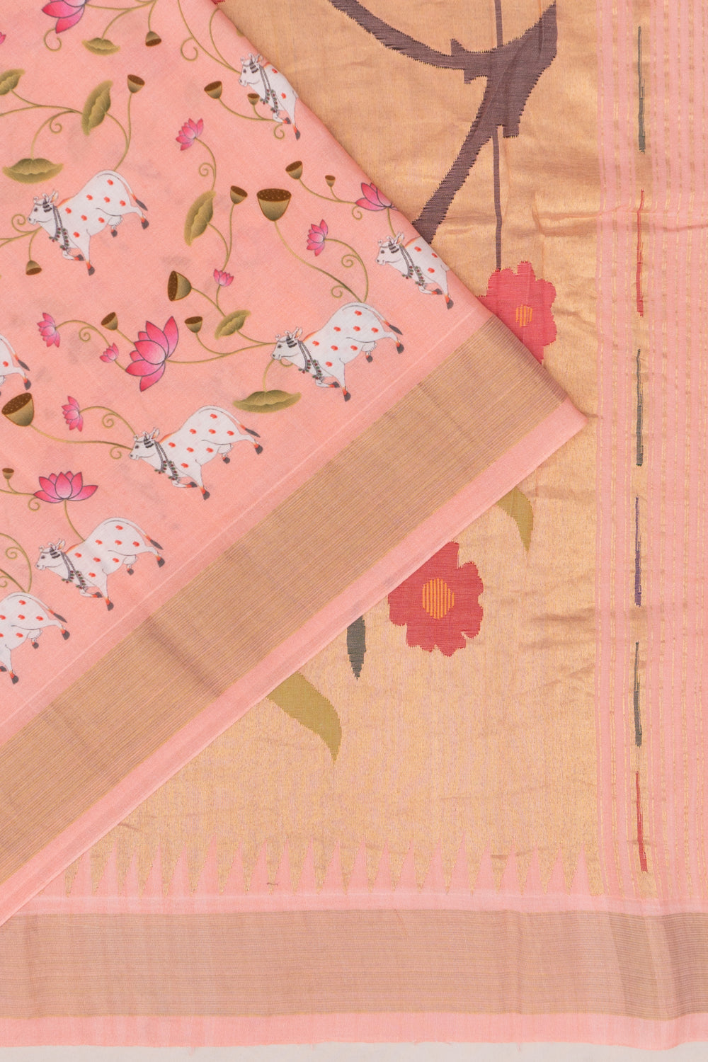 Paithani Cotton Pichwai Printed Peach Saree