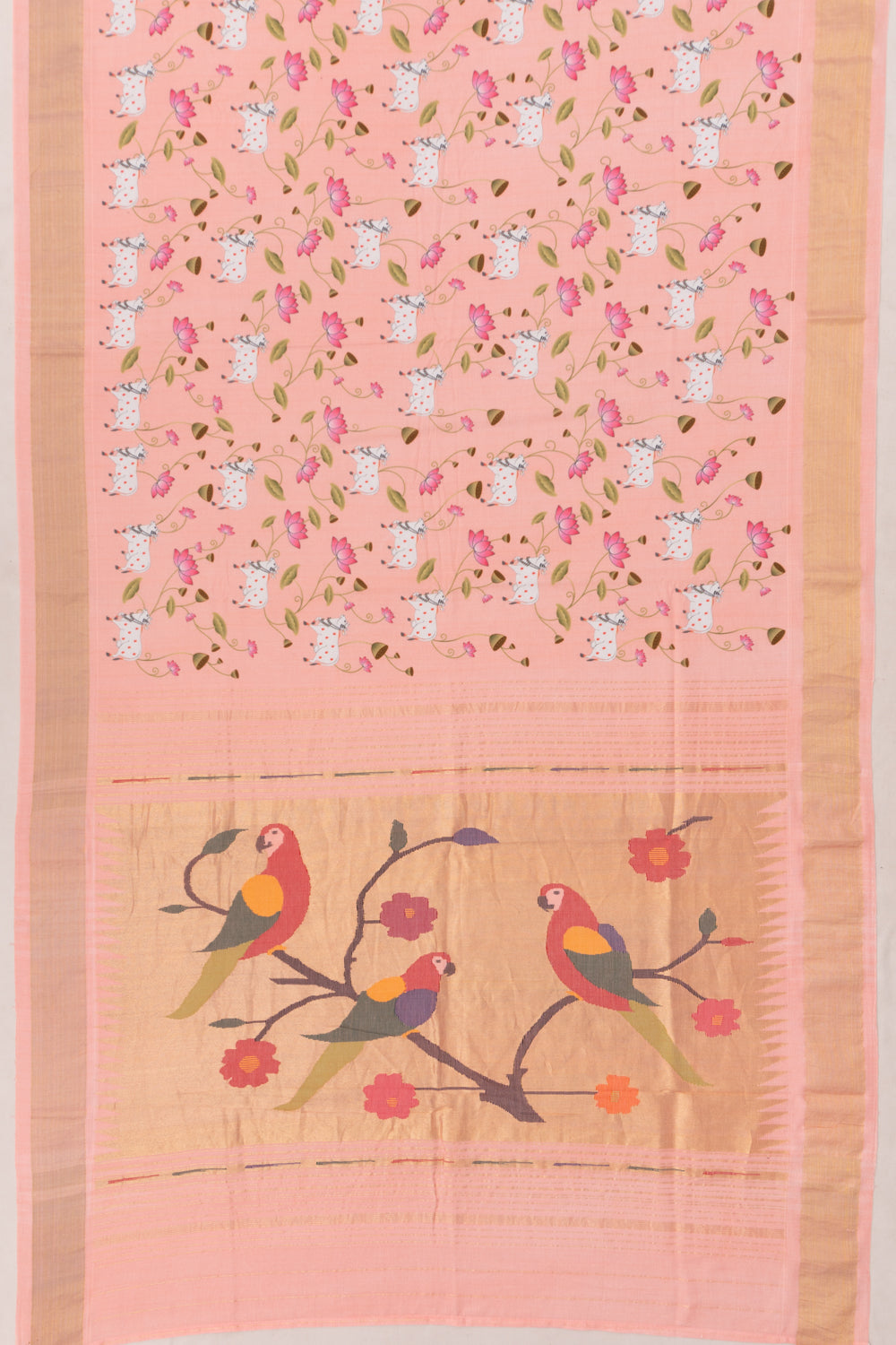 Paithani Cotton Pichwai Printed Peach Saree