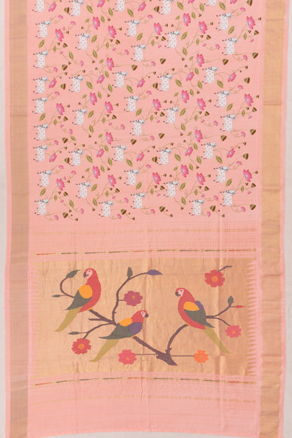 Paithani Cotton Pichwai Printed Peach Saree
