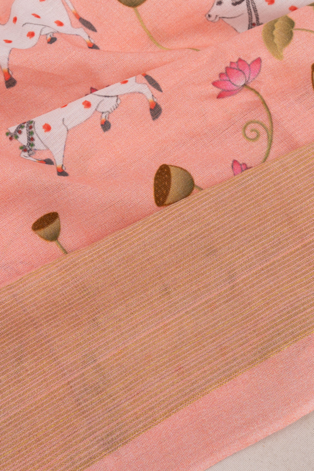 Paithani Cotton Pichwai Printed Peach Saree