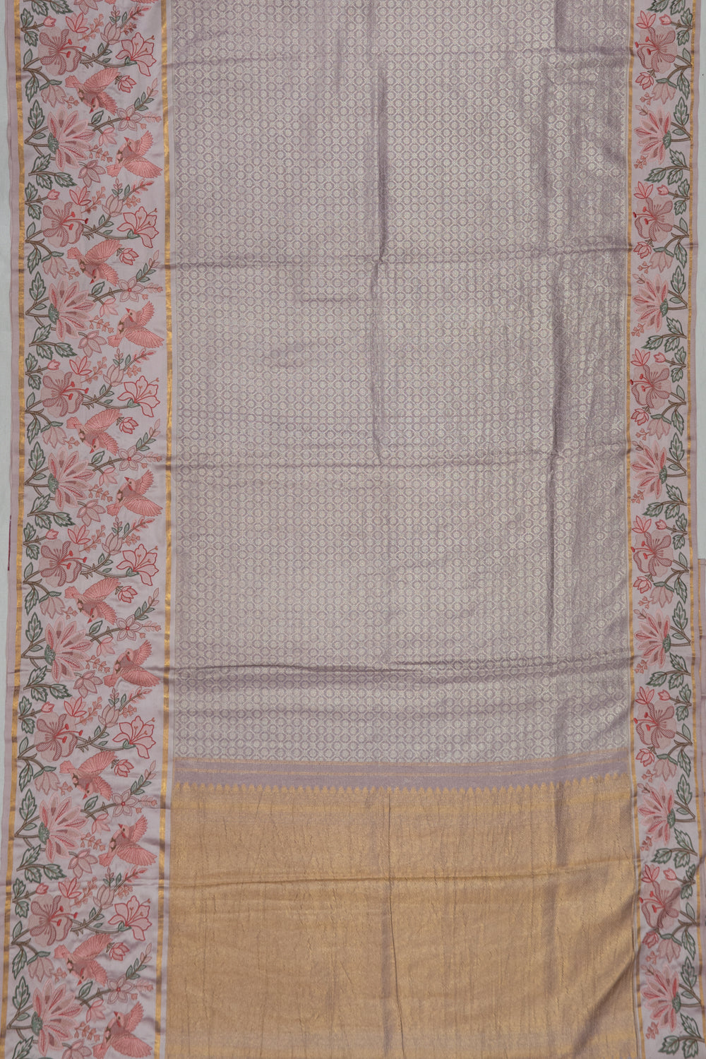 Kanchipuram Silk Tissue Criss Cross Checks And Butta Lavender Saree With Embroidery Border