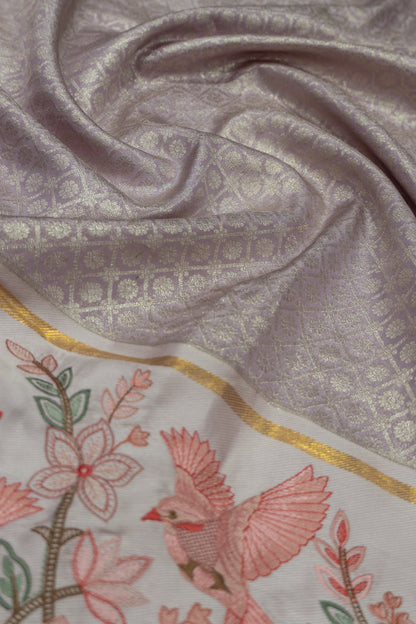 Kanchipuram Silk Tissue Criss Cross Checks And Butta Lavender Saree With Embroidery Border
