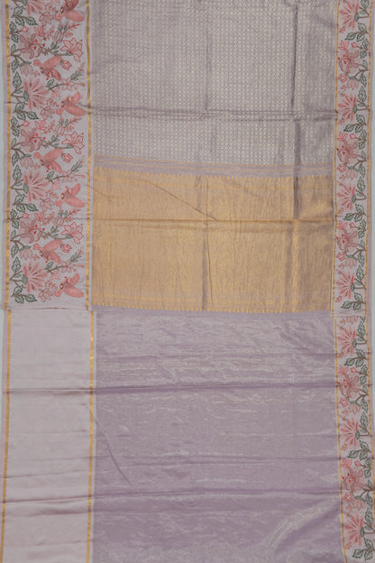 Kanchipuram Silk Tissue Criss Cross Checks And Butta Lavender Saree With Embroidery Border