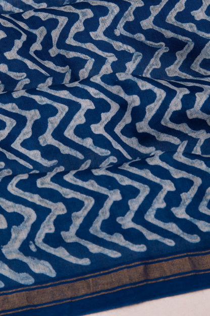 Chanderi Cotton Block Printed Leheriya Indigo Saree