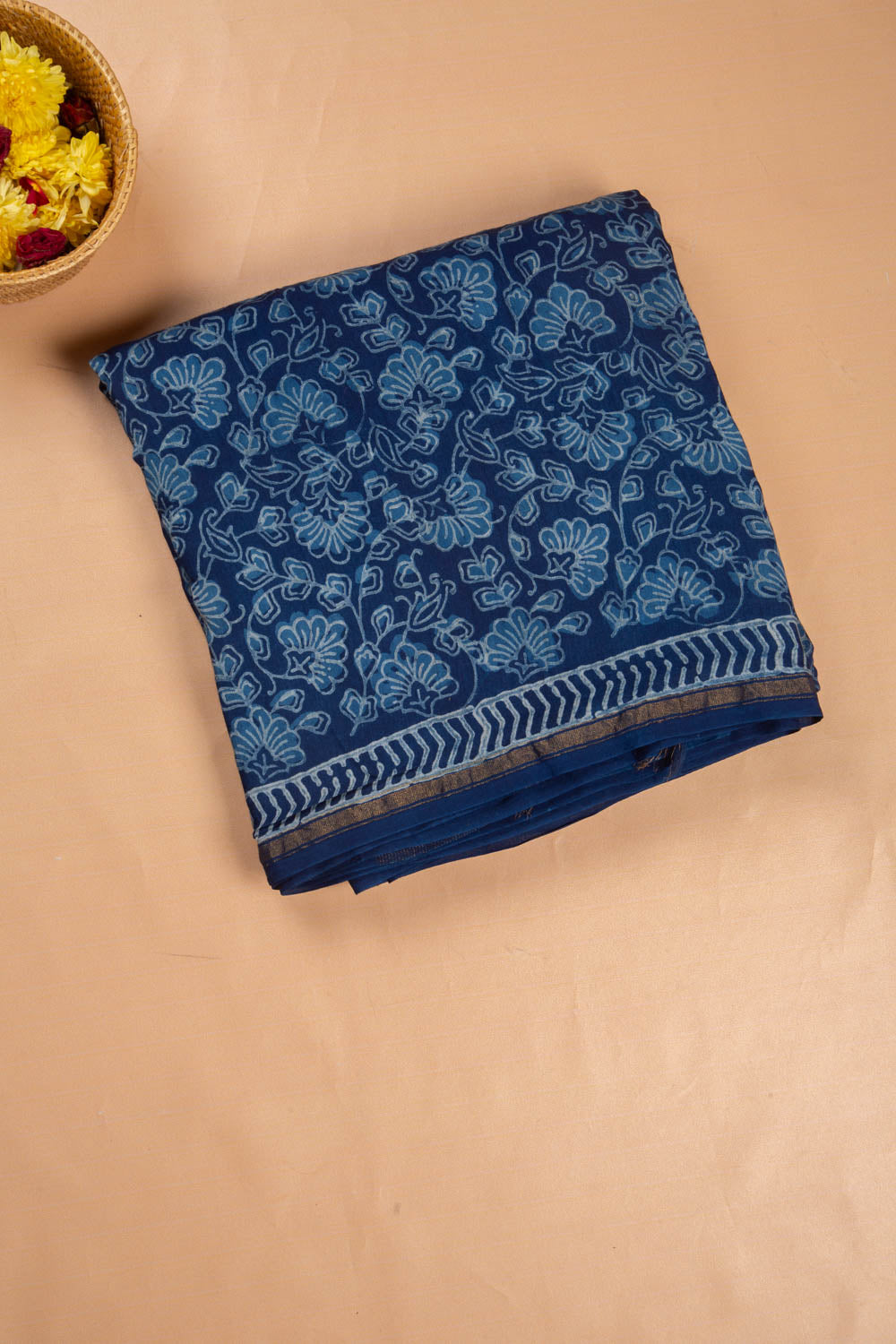 Chanderi Cotton Block Jaal Printed Indigo Saree