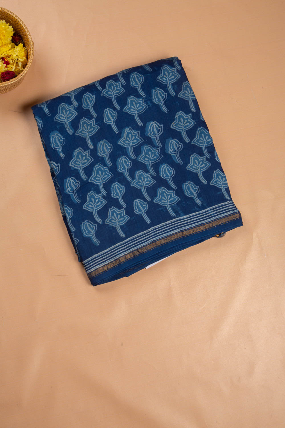 Chanderi Cotton Block Printed Jaal Indigo Saree