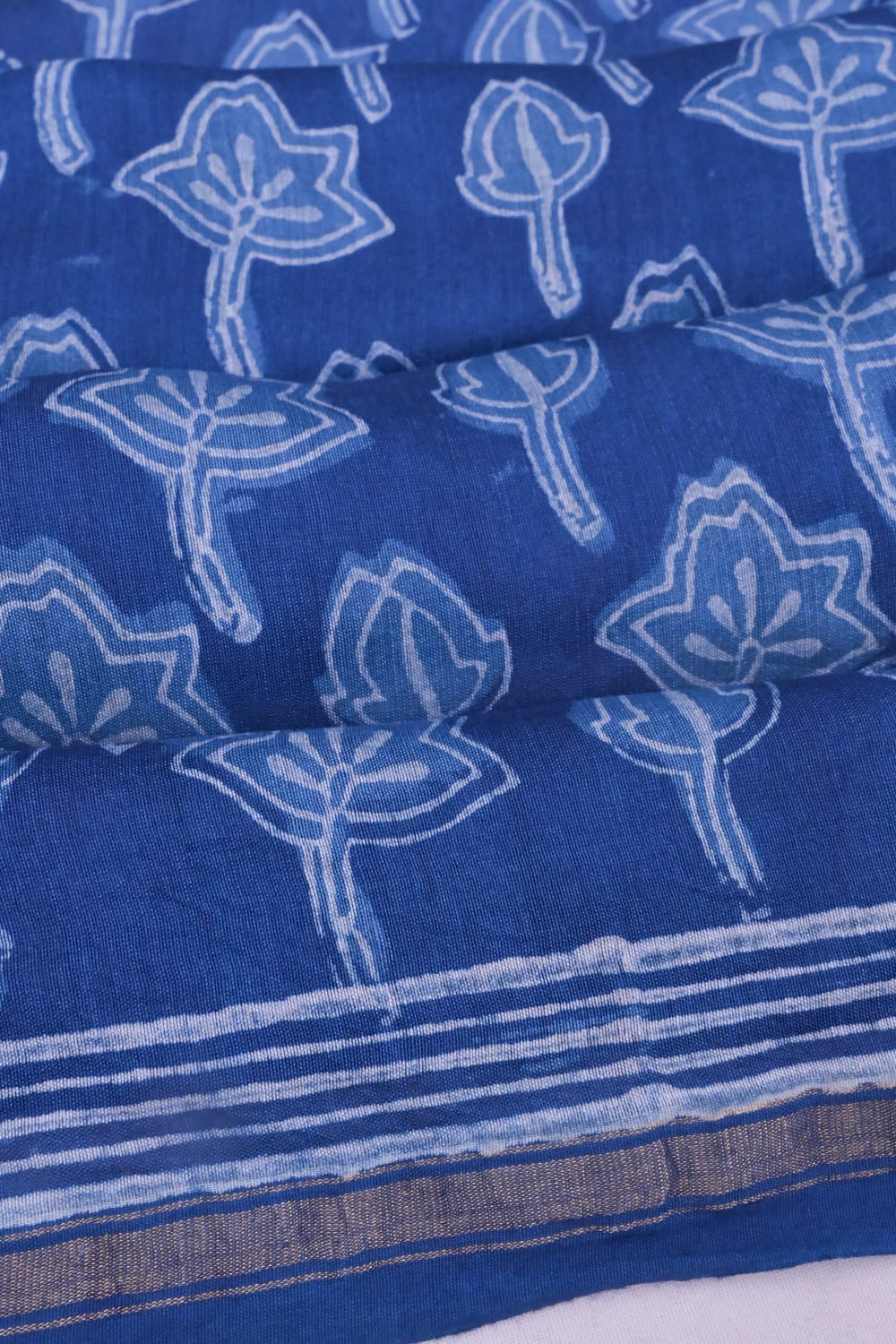 Chanderi Cotton Block Printed Jaal Indigo Saree