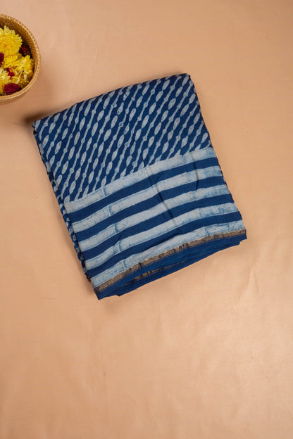 Chanderi Cotton Block Printed Leheriya Indigo Saree