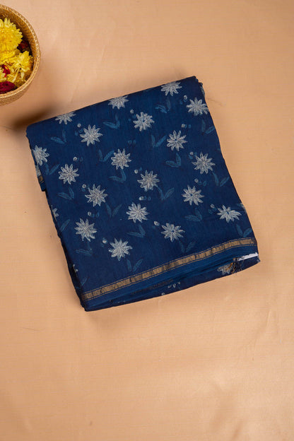 Chanderi Cotton Block Printed Butta Indigo Saree