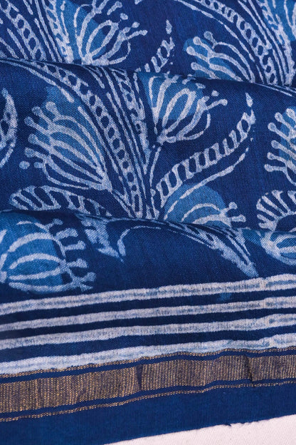 Chanderi Cotton Block Printed Jaal Indigo Saree