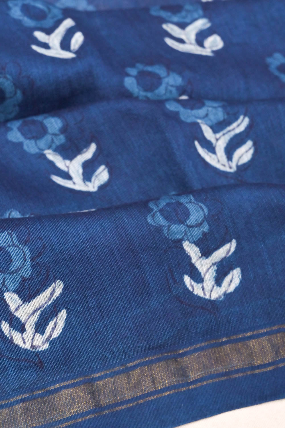 Chanderi Cotton Block Printed Butta Indigo Saree