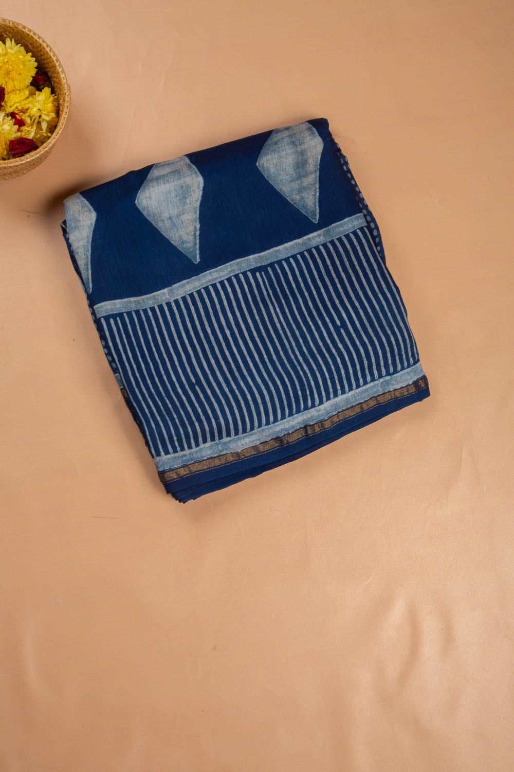 Chanderi Cotton Block Printed Jaal Indigo Saree