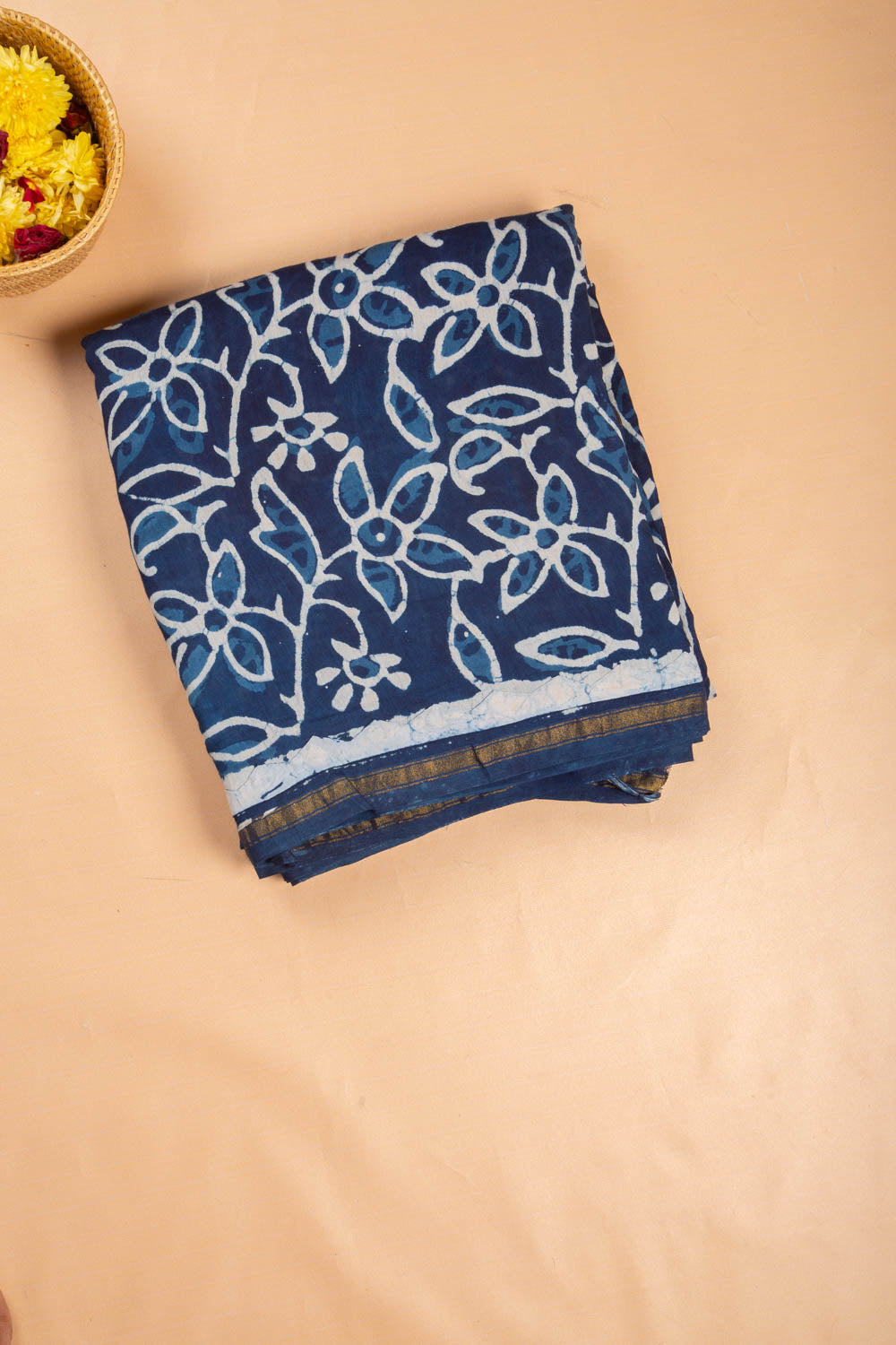 Chanderi Cotton Block Printed Jaal Indigo Saree