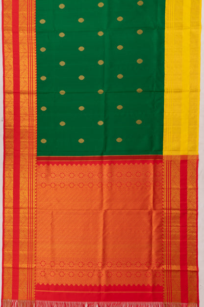 Kanchipuram Silk Butta Bottle Green Saree With Ganga Jamuna