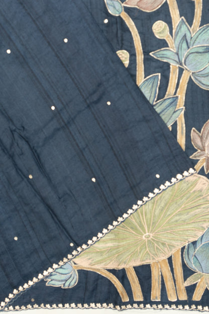 Tussar Embroidery Butta Dark Blue Saree