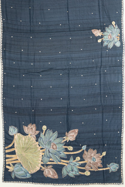 Tussar Embroidery Butta Dark Blue Saree
