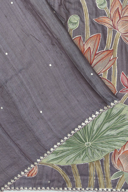 Tussar Embroidery Butta Elephant Grey Saree