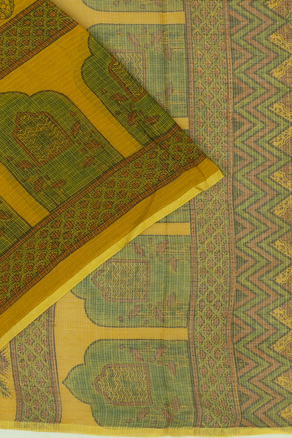 Kota Cotton Ajrak Printed Yellow Saree