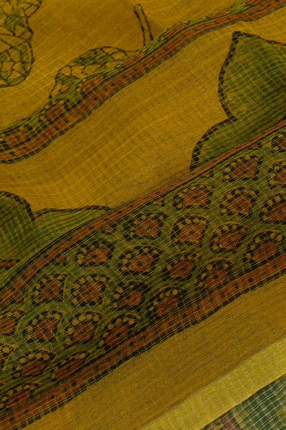 Kota Cotton Ajrak Printed Yellow Saree