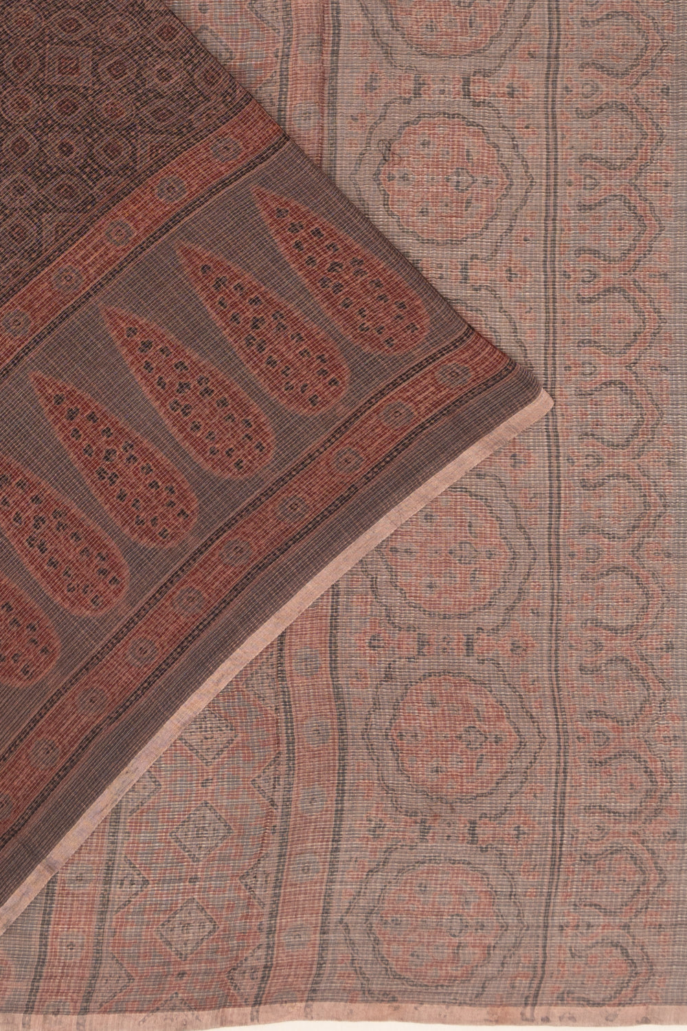 Kota Cotton Ajrak Printed Brown Saree