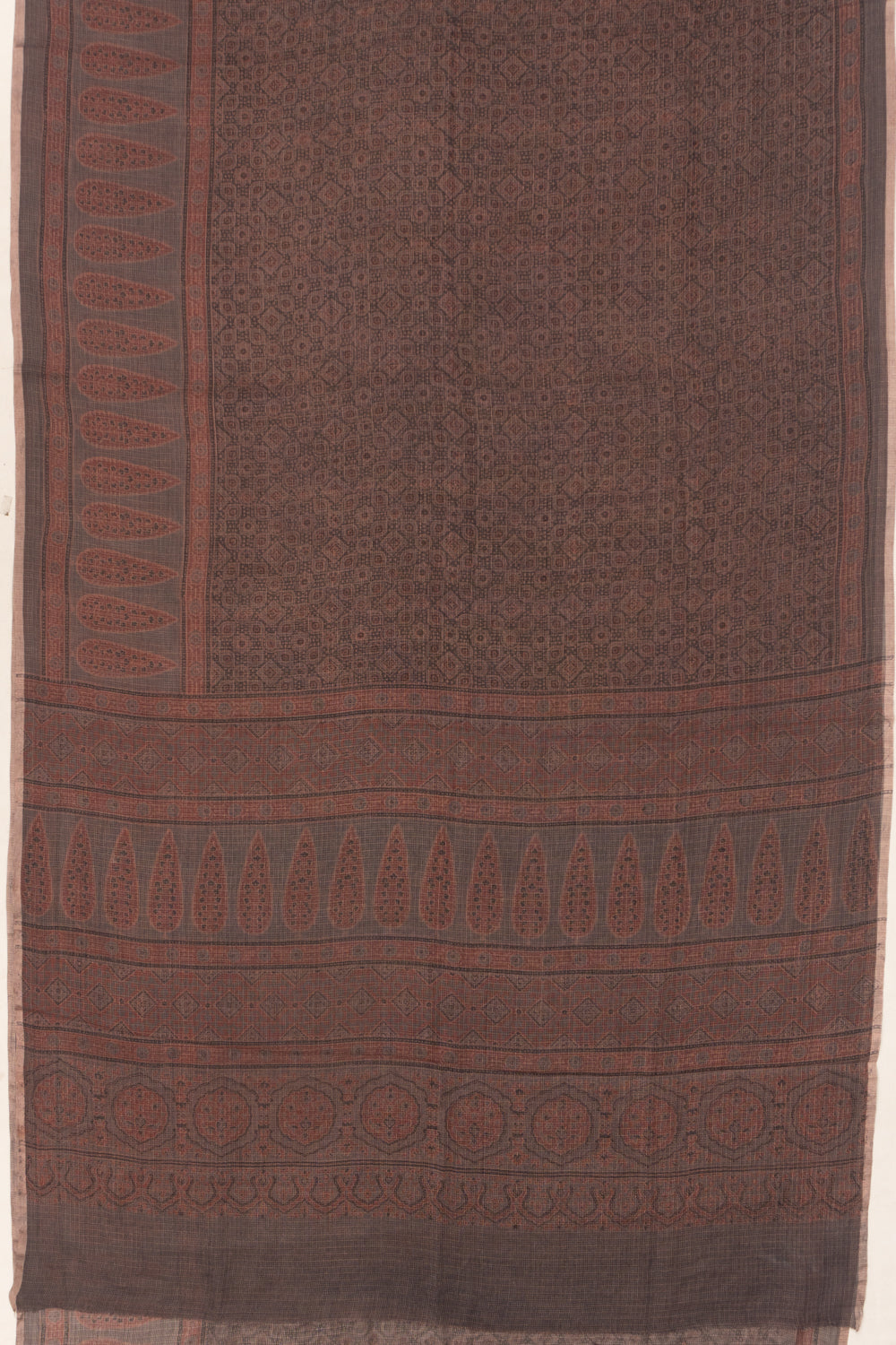Kota Cotton Ajrak Printed Brown Saree