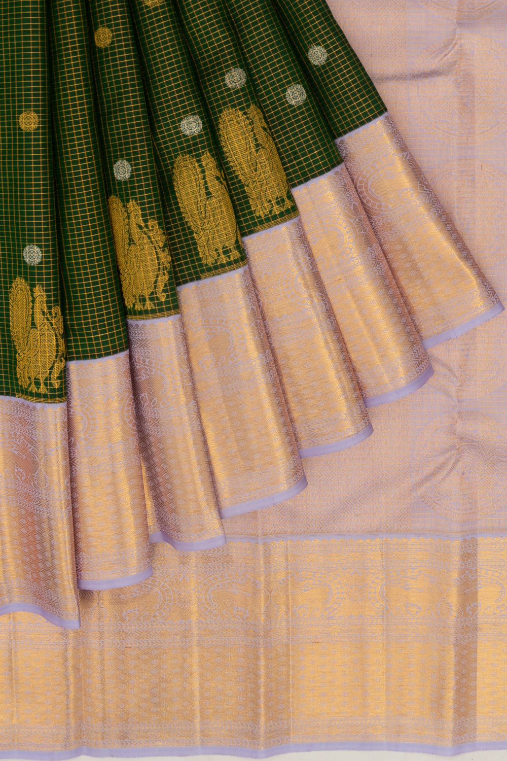 Kanchipuram Silk Checks And Butta Bottle Green Saree