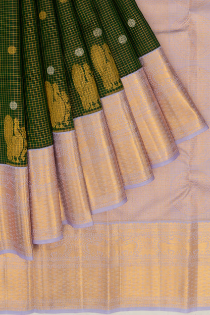 Kanchipuram Silk Checks And Butta Bottle Green Saree