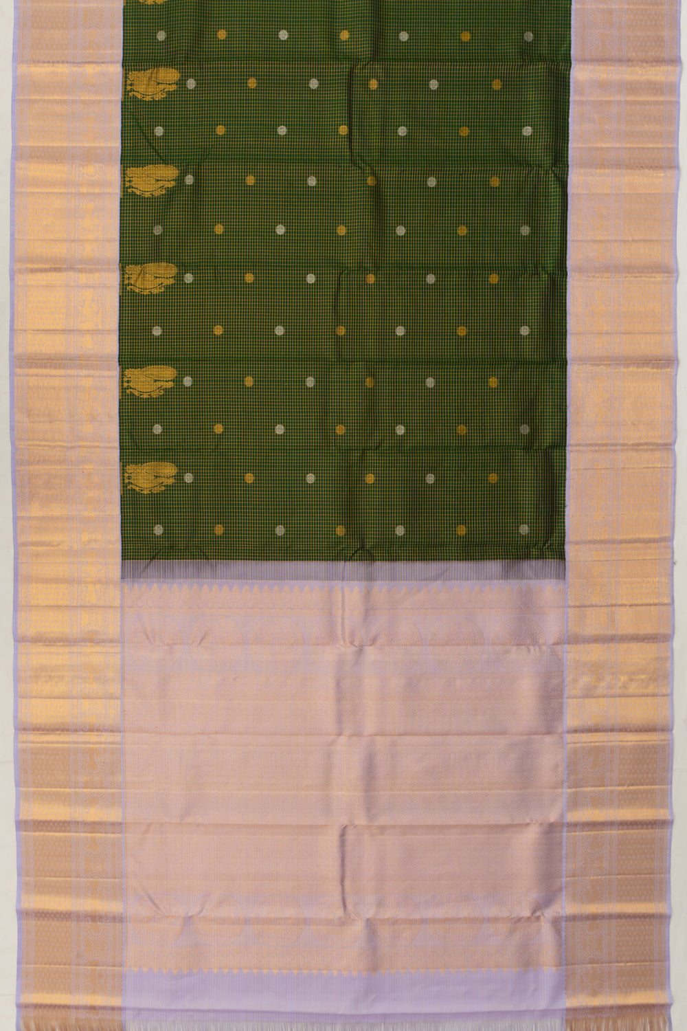 Kanchipuram Silk Checks And Butta Bottle Green Saree