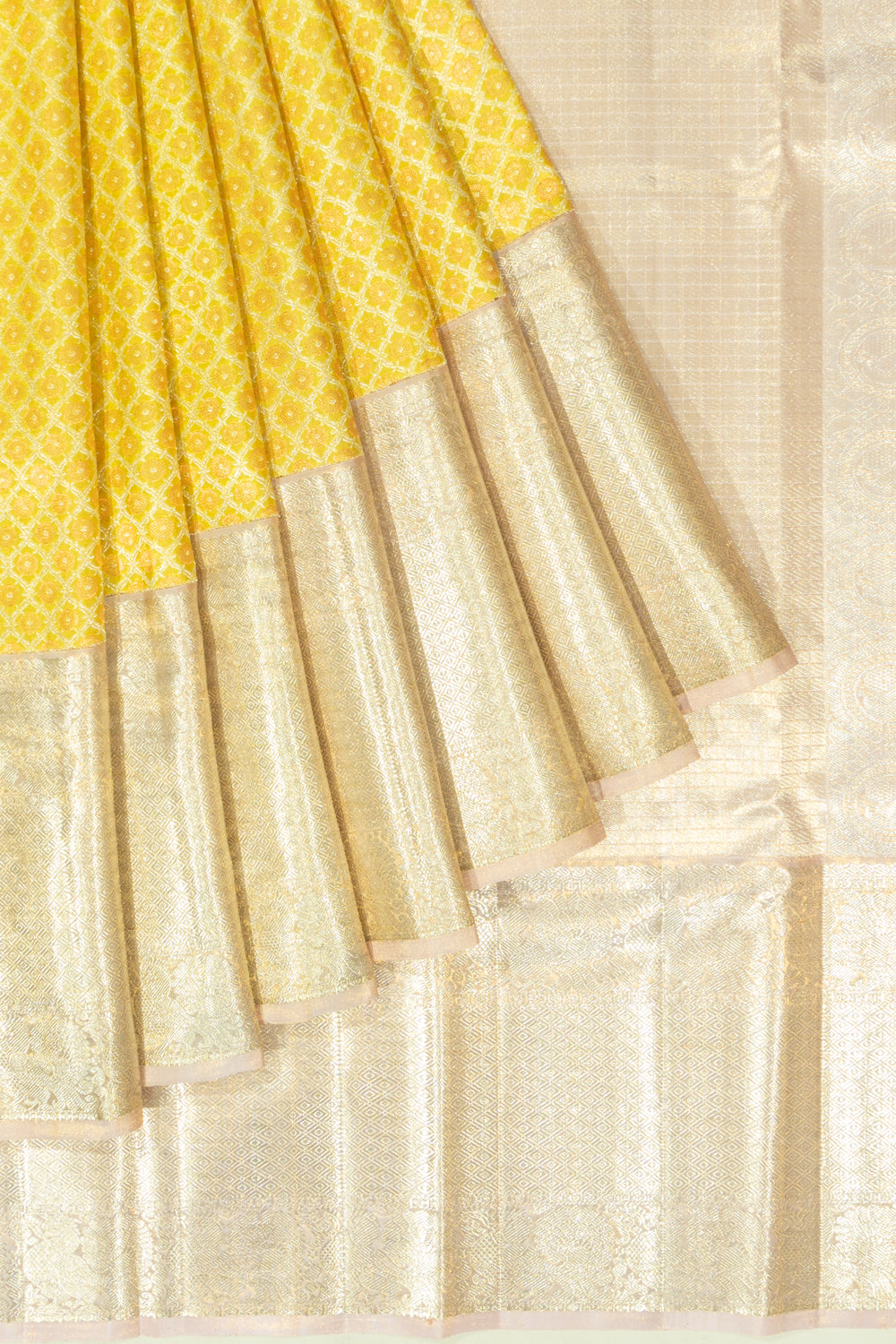 Kanchipuram Silk Tissue Jaal And Butta Yellow Saree