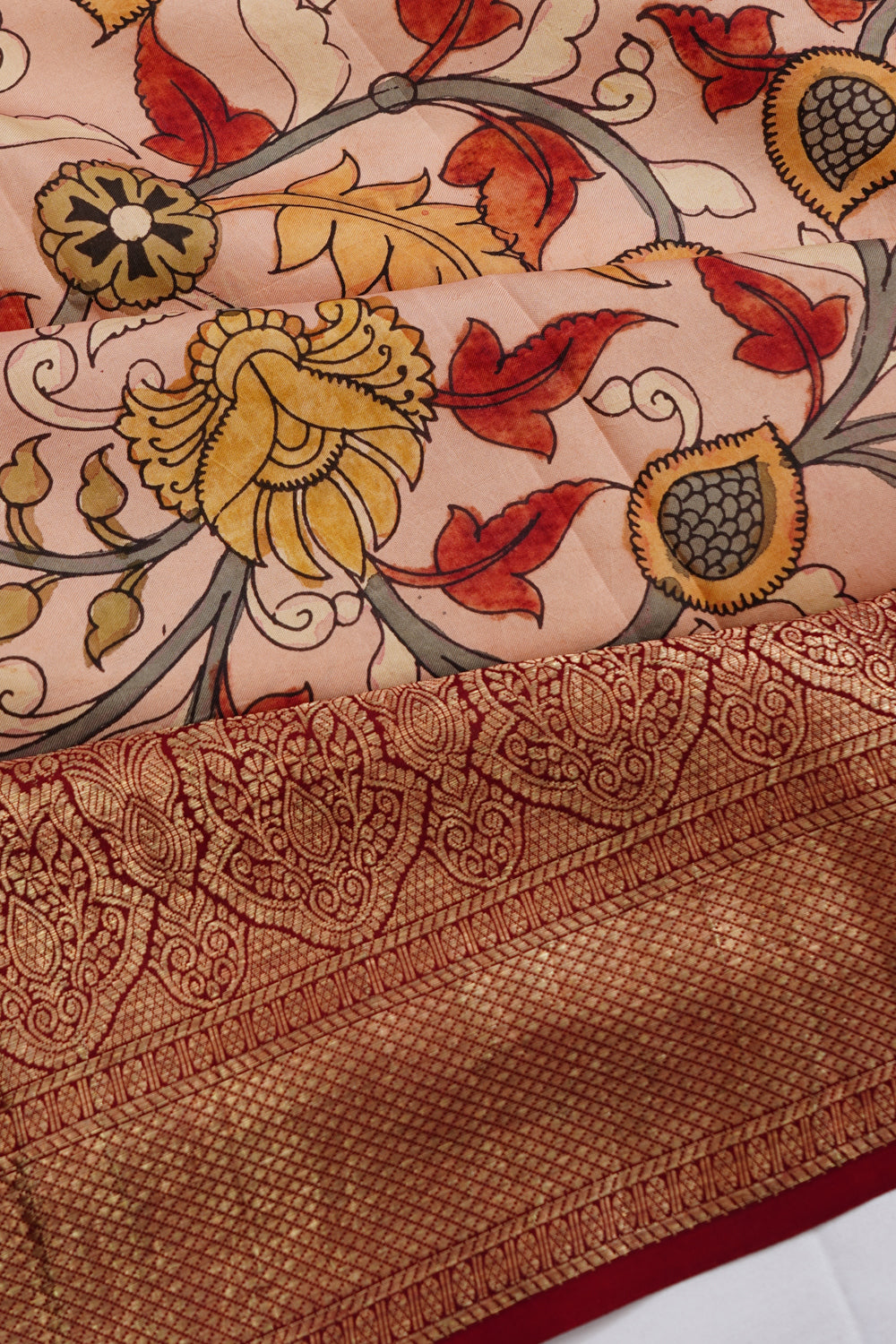 Kanchipuram Silk Hand Painted Kalamkari Baby Pink Saree 1214492182