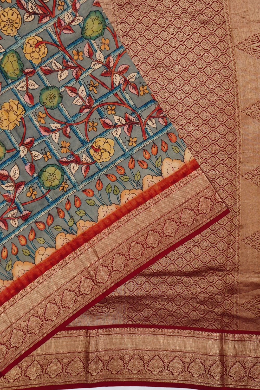 Kanchipuram Silk Hand Painted Kalamkari Baby Grey Saree 1214492184