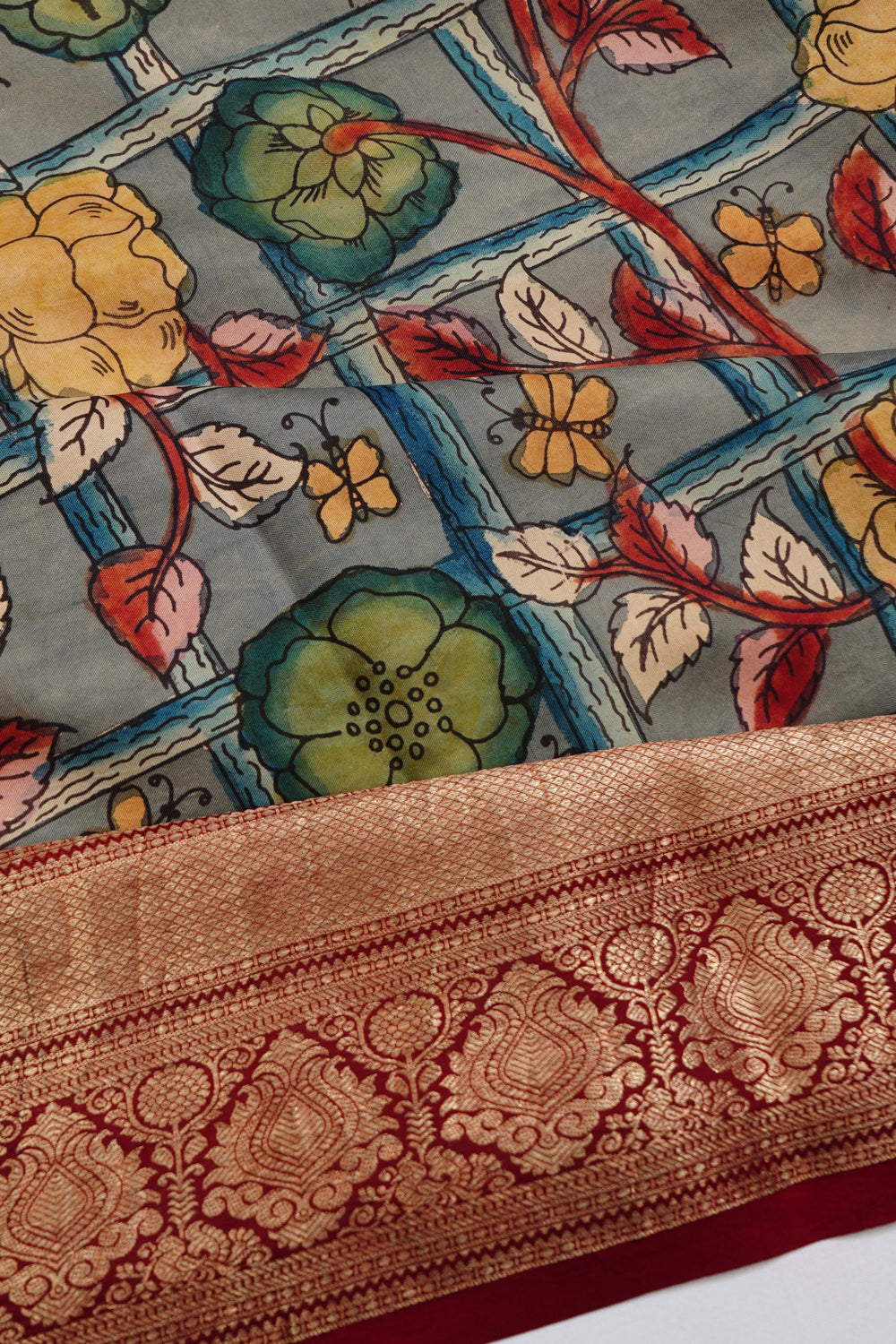 Kanchipuram Silk Hand Painted Kalamkari Baby Grey Saree 1214492184