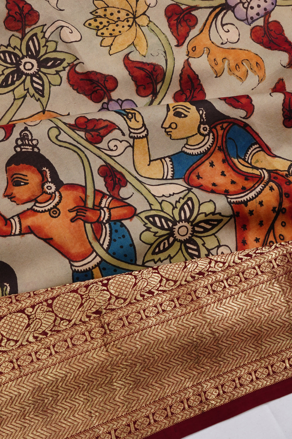 Kanchipuram Silk Hand Painted Kalamkari Beige Saree 1214492188