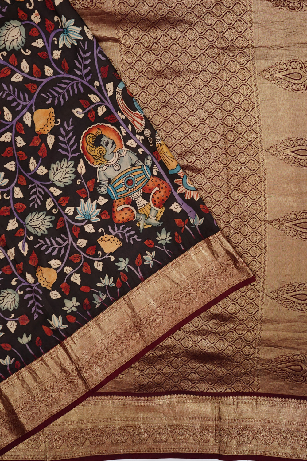 Kanchipuram Silk Hand Painted Kalamkari Black Saree 1214492194