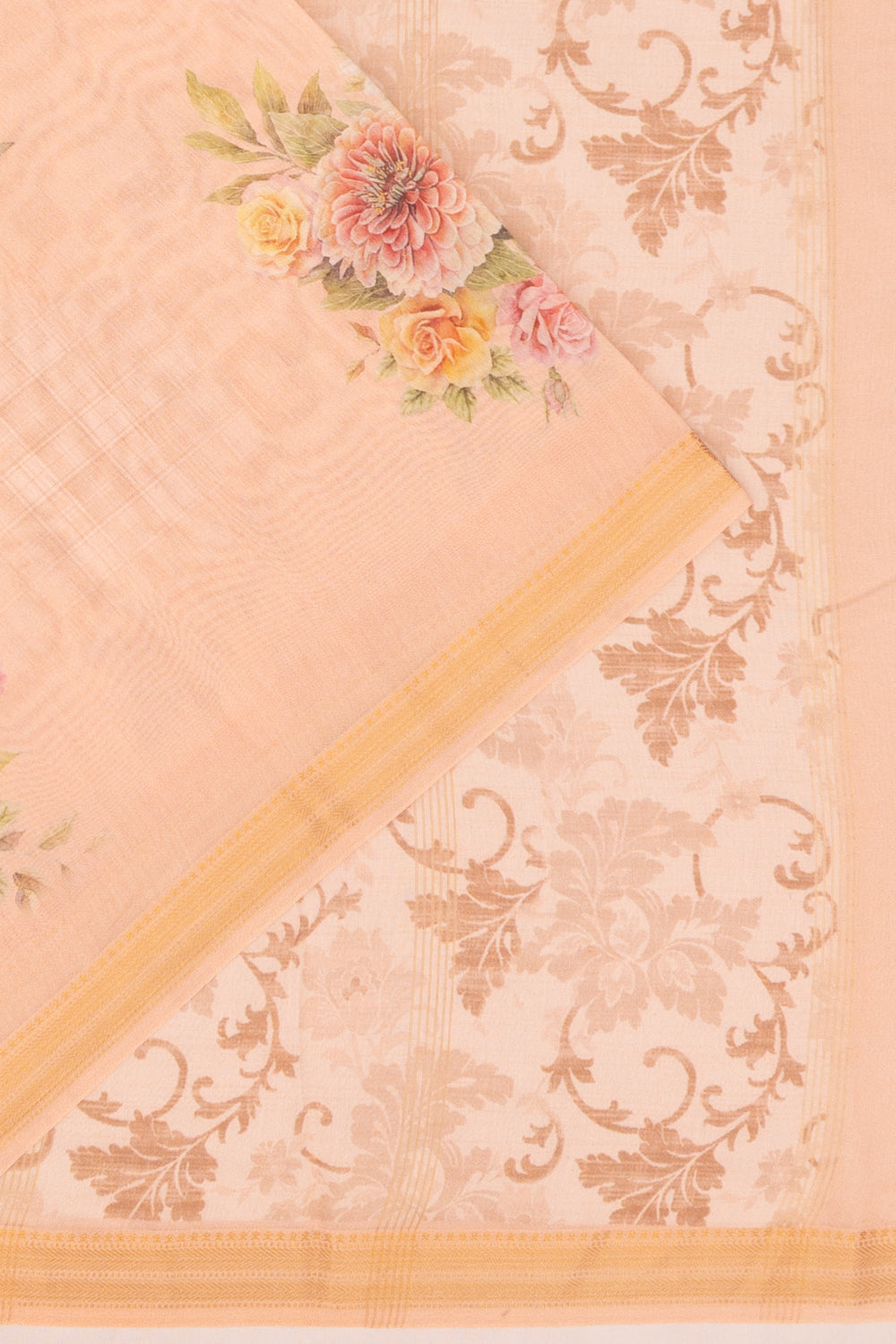 Chanderi Cotton Floral Printed Butta Pastel Orange Saree