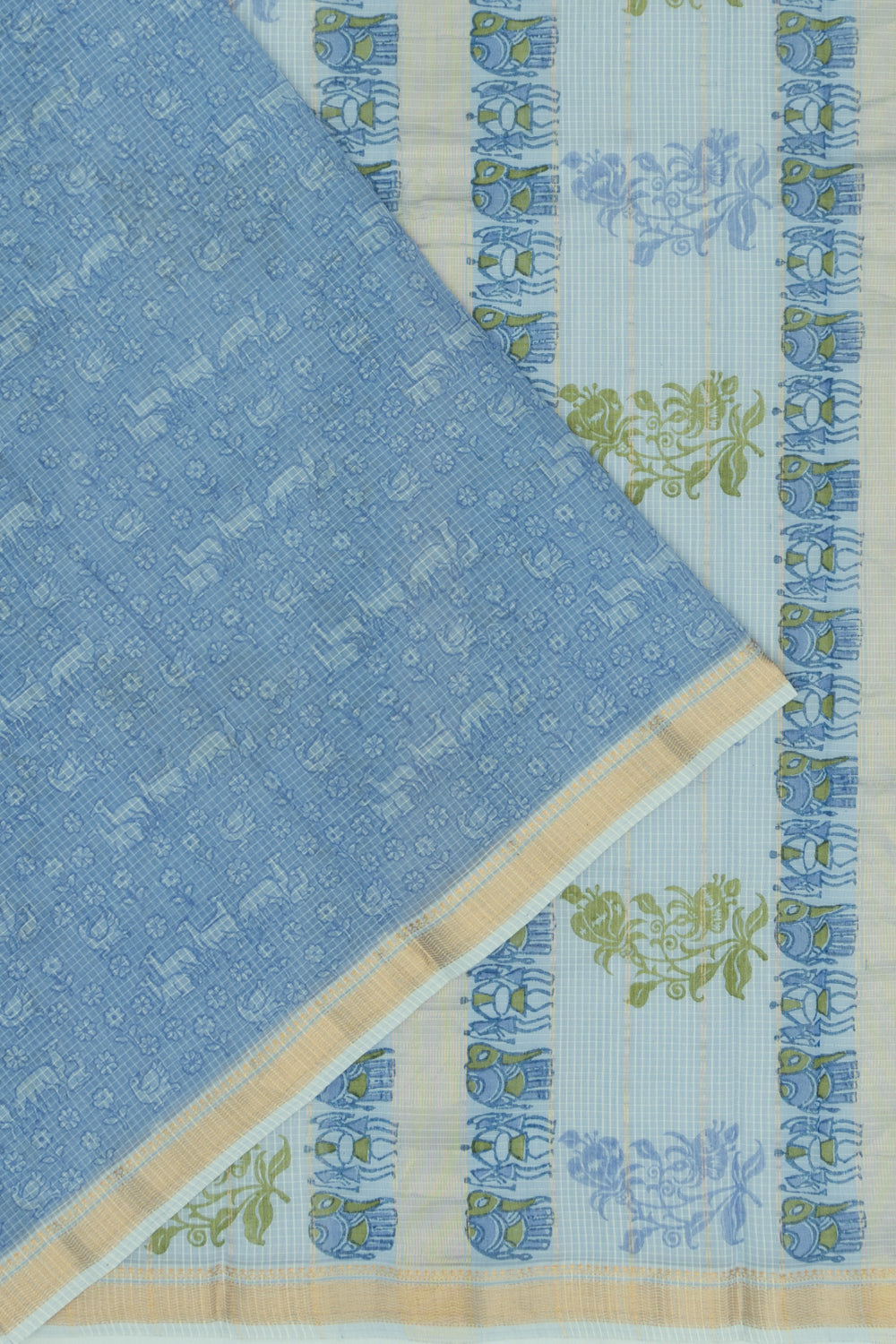 Chanderi Cotton Checks And Printed Pastel Blue Saree