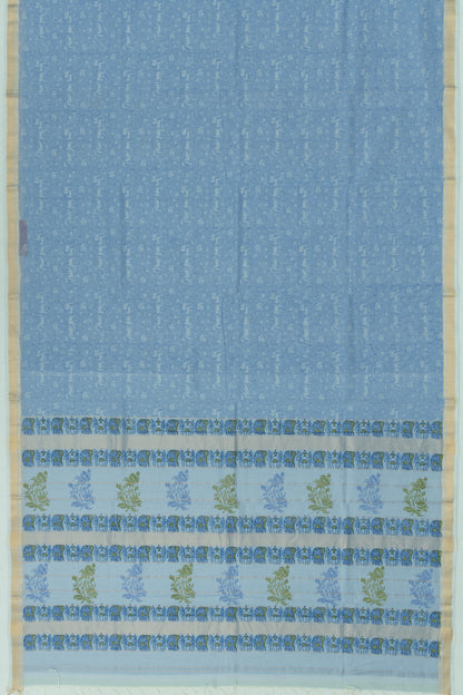 Chanderi Cotton Checks And Printed Pastel Blue Saree