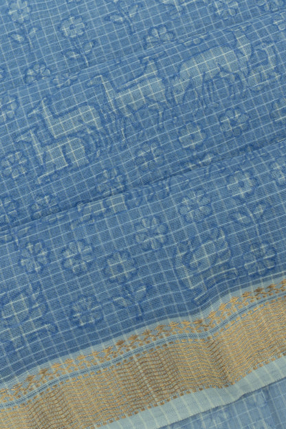 Chanderi Cotton Checks And Printed Pastel Blue Saree