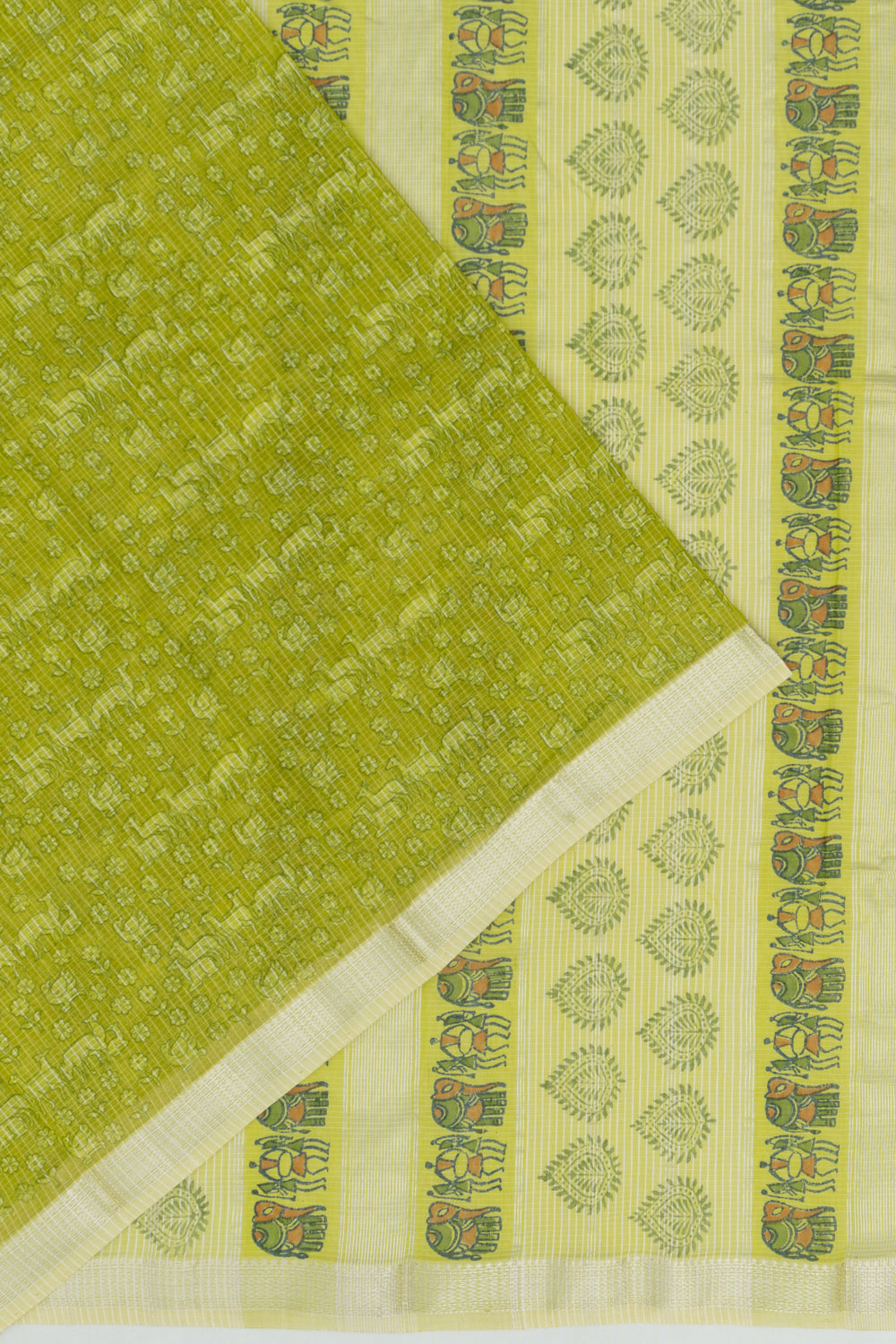 Chanderi Cotton Checks And Printed Green Saree